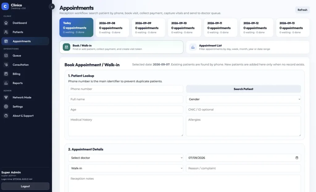 Reception books a visit. Phone lookup first, then appointment details, payment and vitals in one place.