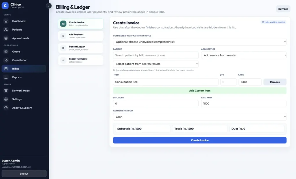 Billing and ledger. An invoice is raised against a completed visit, with services, discount and payment method.