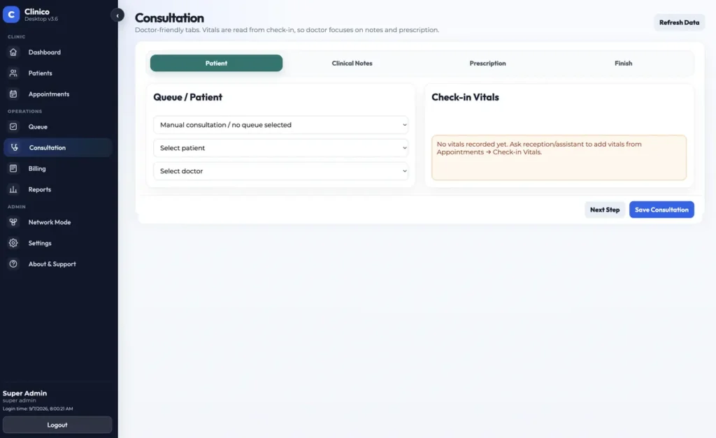 The consultation flow, tabbed across patient, clinical notes, prescription and finish. Vitals arrive from check-in.