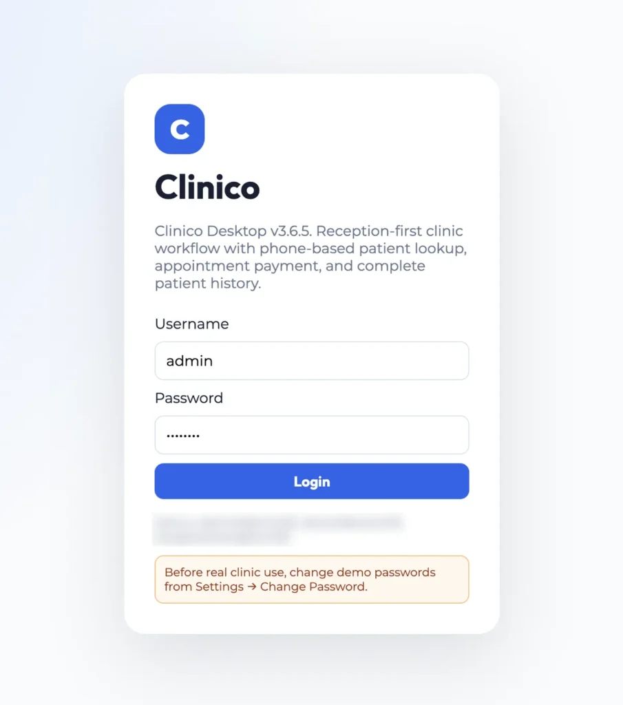 Role-based login for admin, doctor and reception.