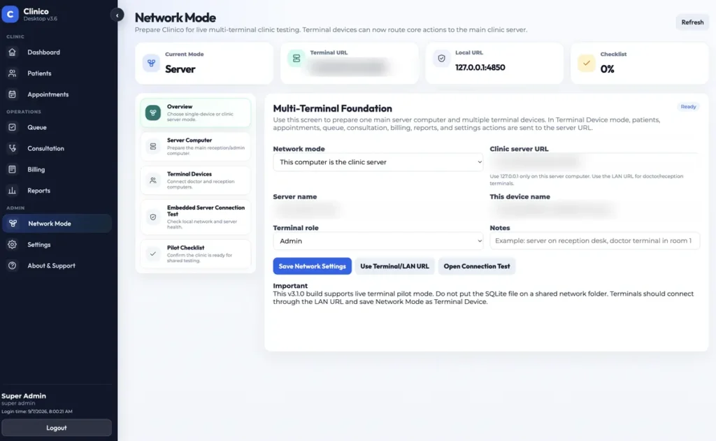 Network Mode turns one machine into the clinic server and points the other terminals at it.