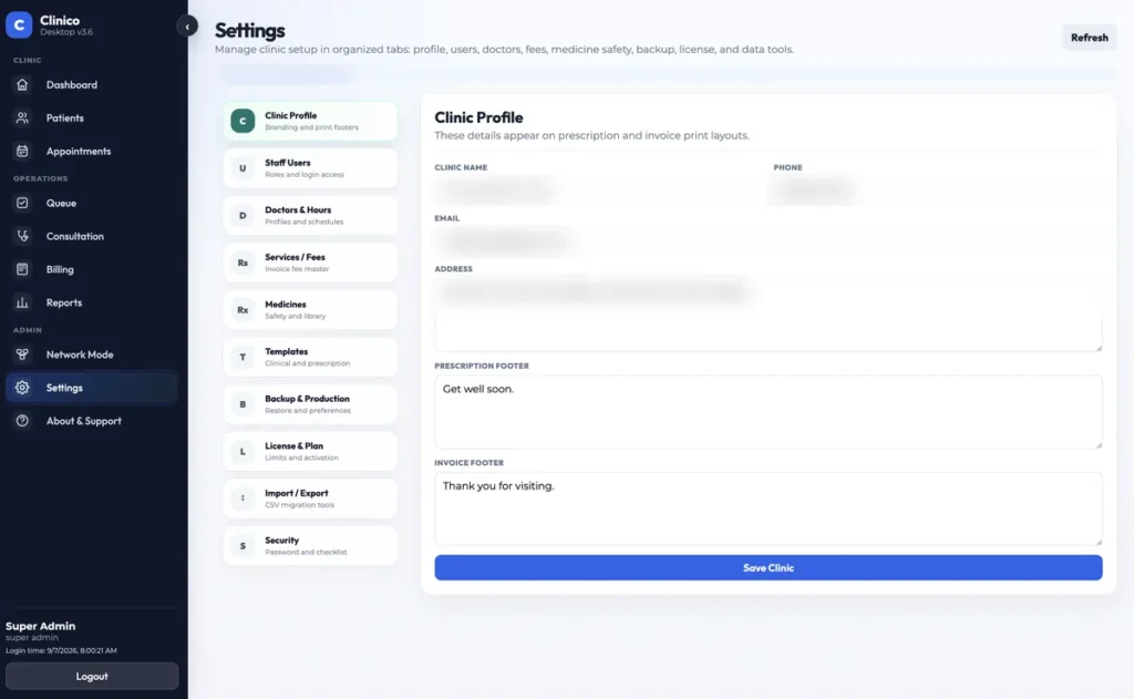 Settings, grouped into profile, staff users, doctors, fees, medicines, templates, backup, licence and security.