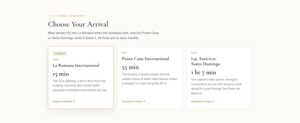 Three airports compared side by side, with route data linked to a live source so the airline list cannot go stale.