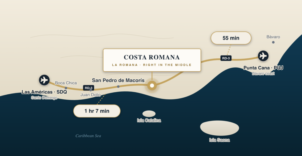 The location map, drawn from scratch as an 8KB vector. The drive times are real text, not pixels, so they index and read on a phone.