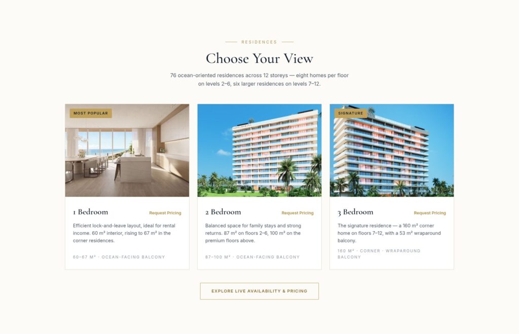 Homepage residence cards. Pricing became Request Pricing because rates move with the building level.