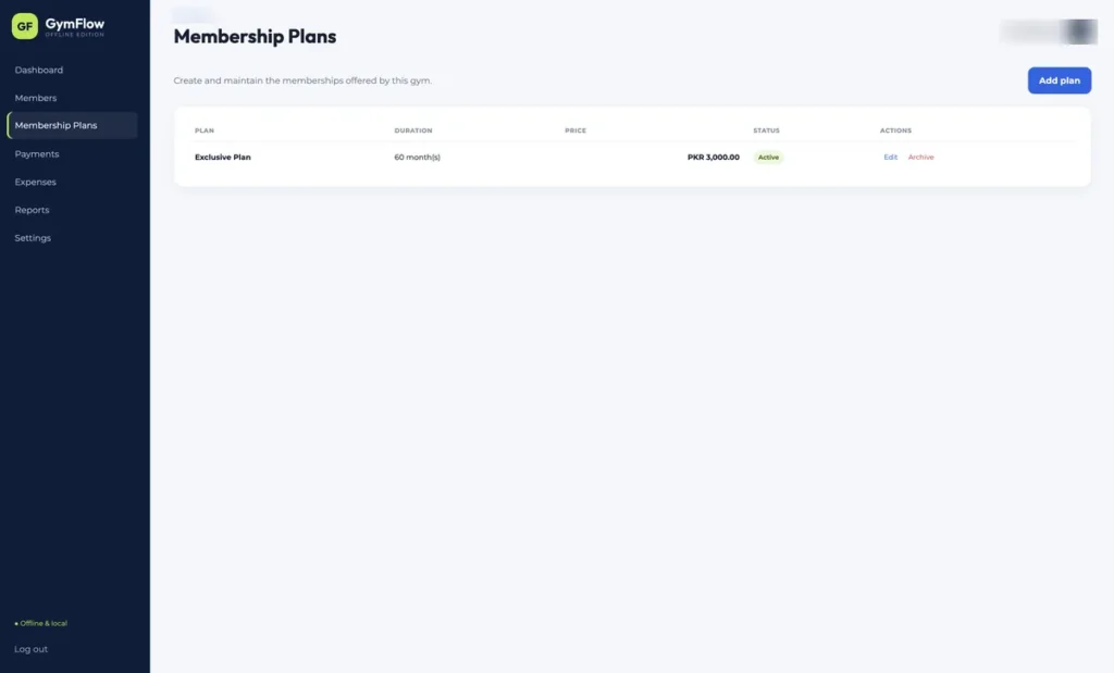 Membership plans, each with a duration in months and a price. Retired plans are archived, never deleted.