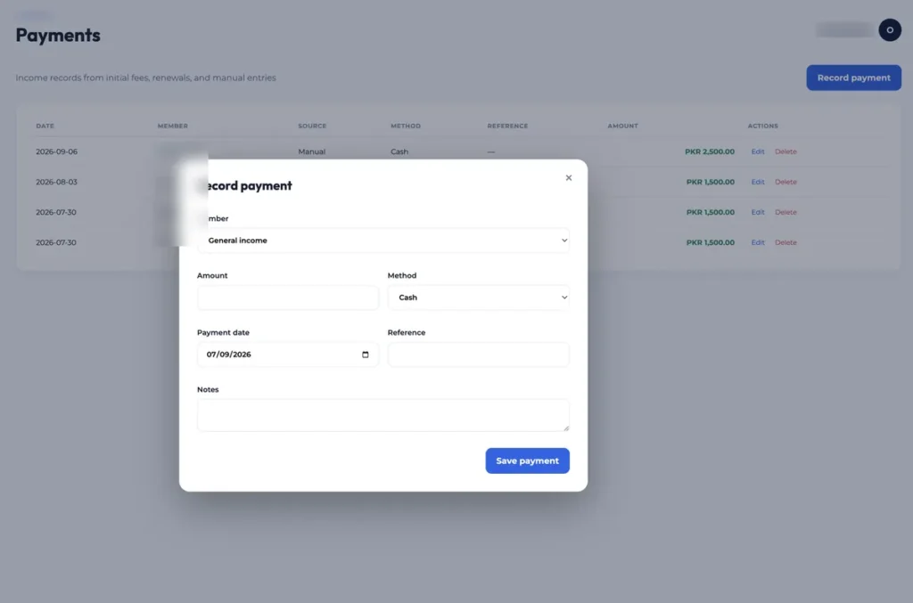 Recording a payment against a member, with method, date and reference.