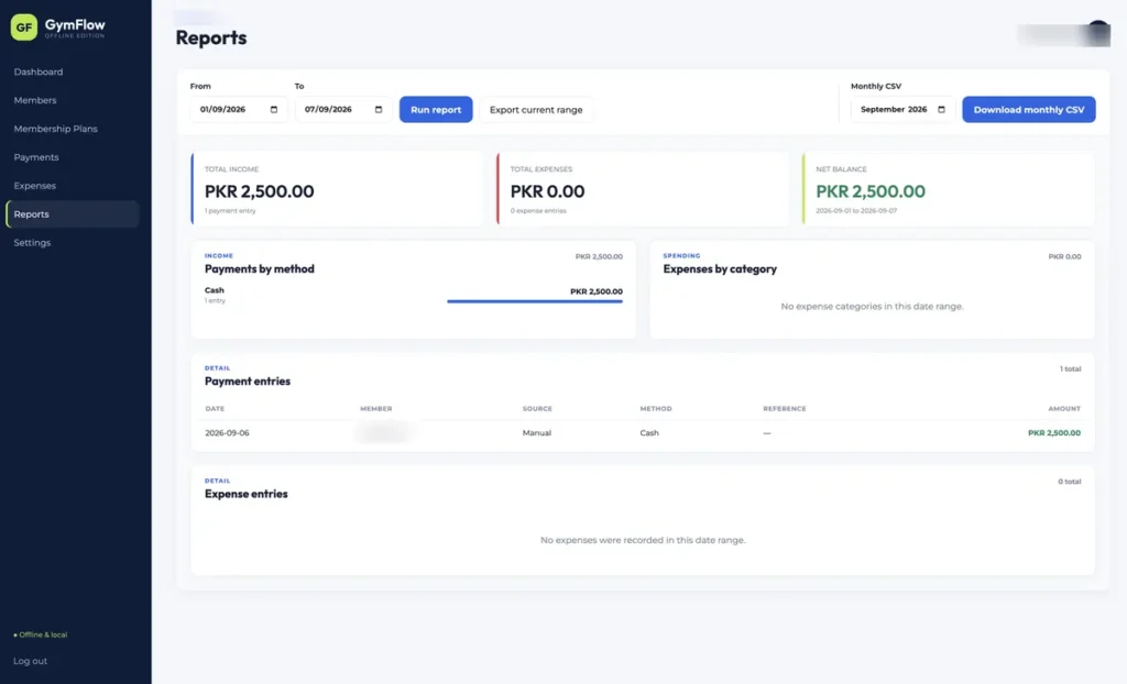 Reports over any date range: income by method, spending by category, and the underlying entries. Exports to CSV.