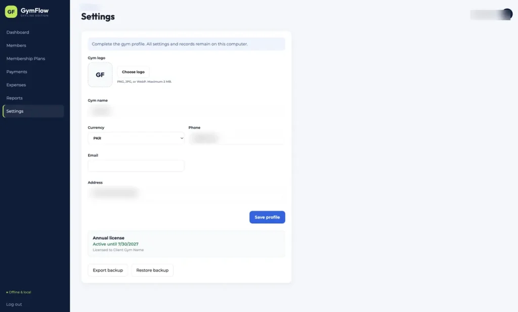 Settings hold the gym profile and currency, the backup export and restore, and the annual licence status.