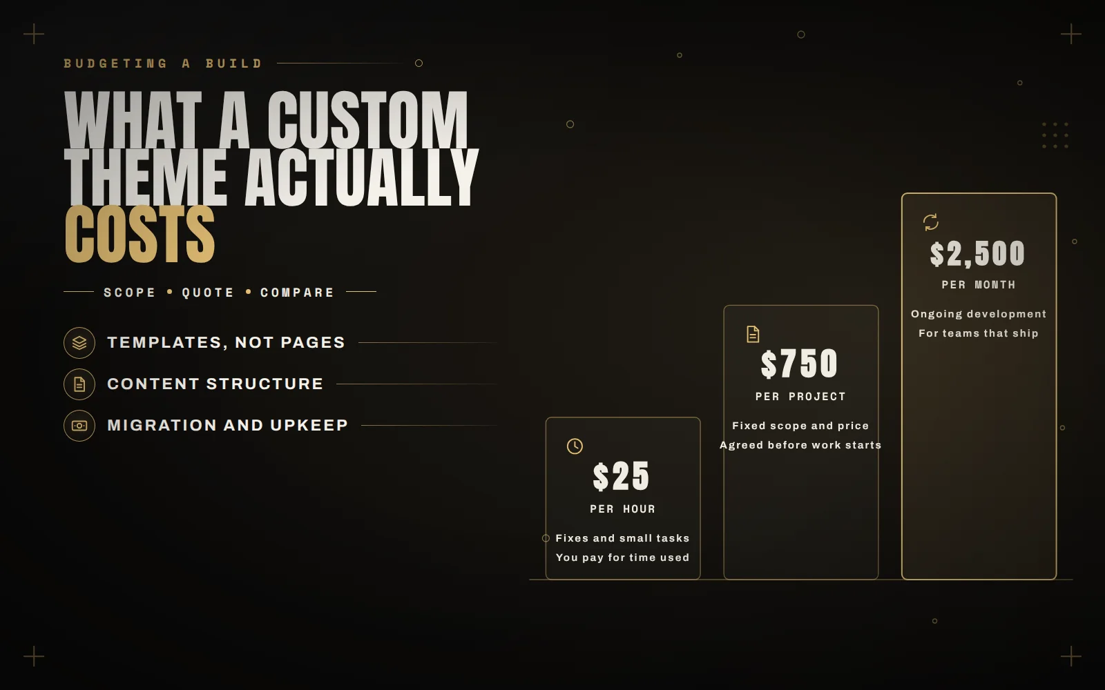 Three ascending tiers: 25 dollars per hour for small tasks, 750 dollars per project, 2,500 dollars per month for an ongoing retainer.