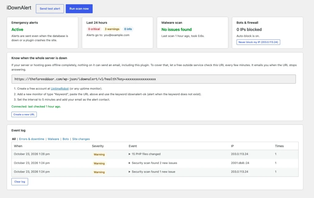 The dashboard: alert status, last scan, firewall, heartbeat URL and the event log.