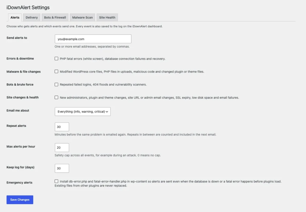 Settings: who gets alerts, which events send one, and repeat limits.