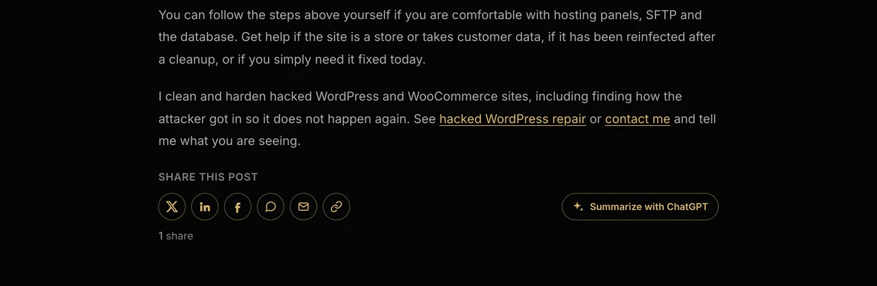 Outlined share buttons at the end of a blog post with a Summarize with ChatGPT button and a share count