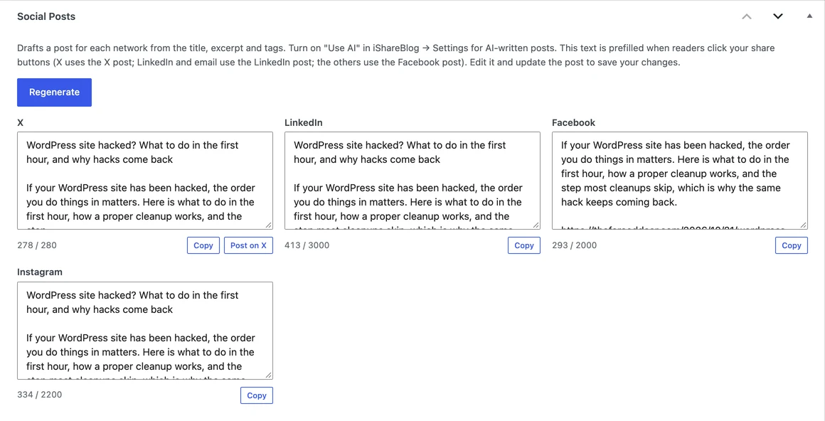 The Social Posts box in the WordPress post editor with drafts for X, LinkedIn, Facebook and Instagram
