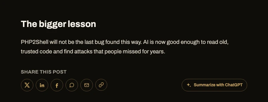 Share buttons after a post, in the theme's own gold, with Summarize with ChatGPT.