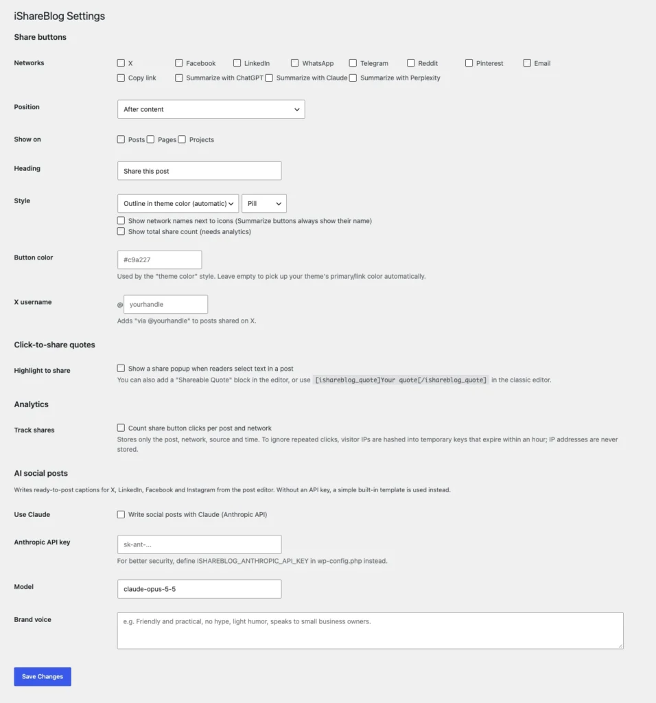 Settings: networks, placement, style, quotes, analytics and AI.