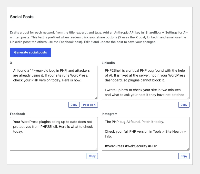 The Social Posts box in the editor: one draft per network.