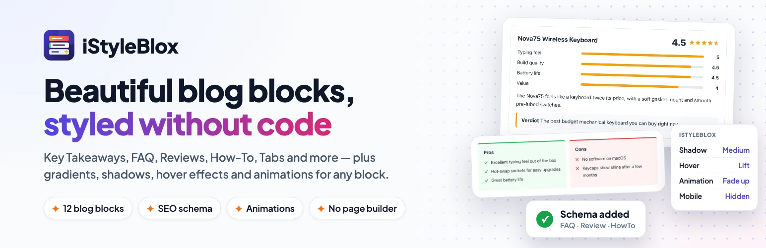 iStyleBlox 2.0 banner: free WordPress blog blocks for the block editor
