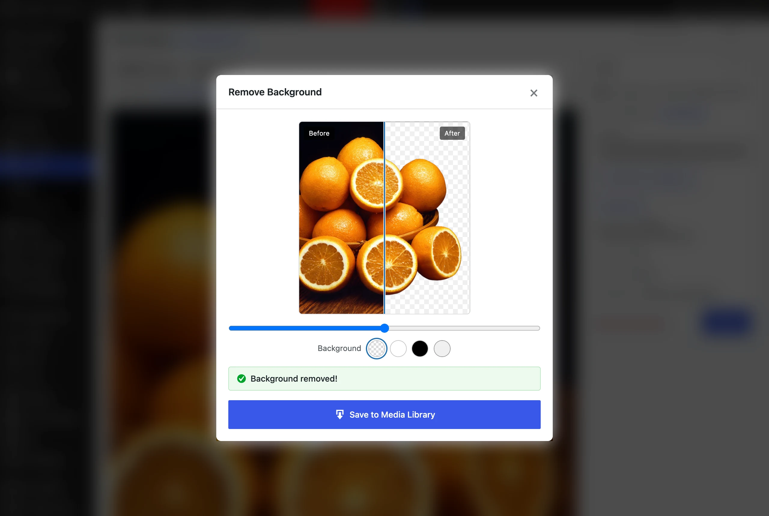 Remove Background preview window with a before and after comparison slider over a photo of oranges