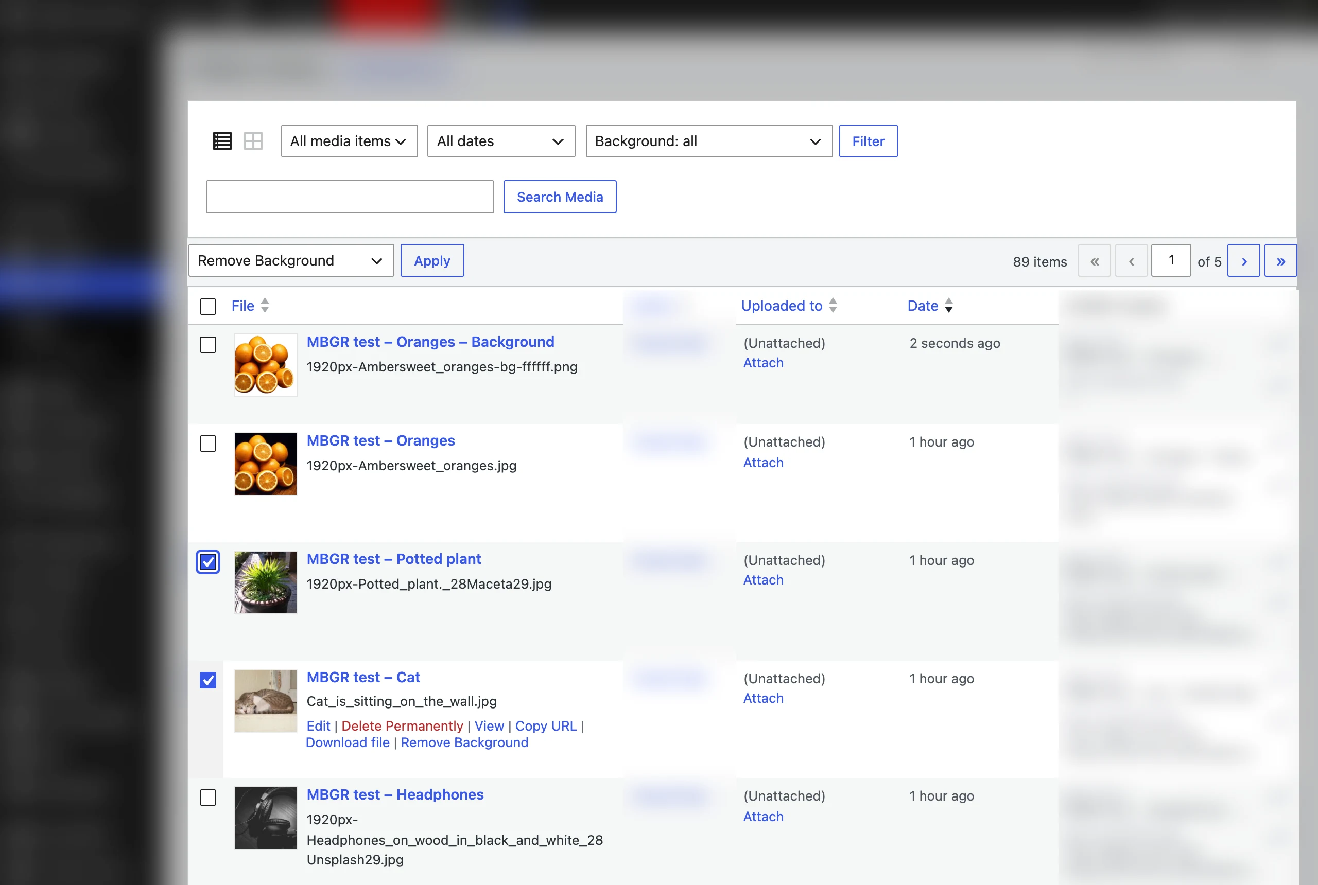 Media Library list view with the Remove Background bulk action and the background filter