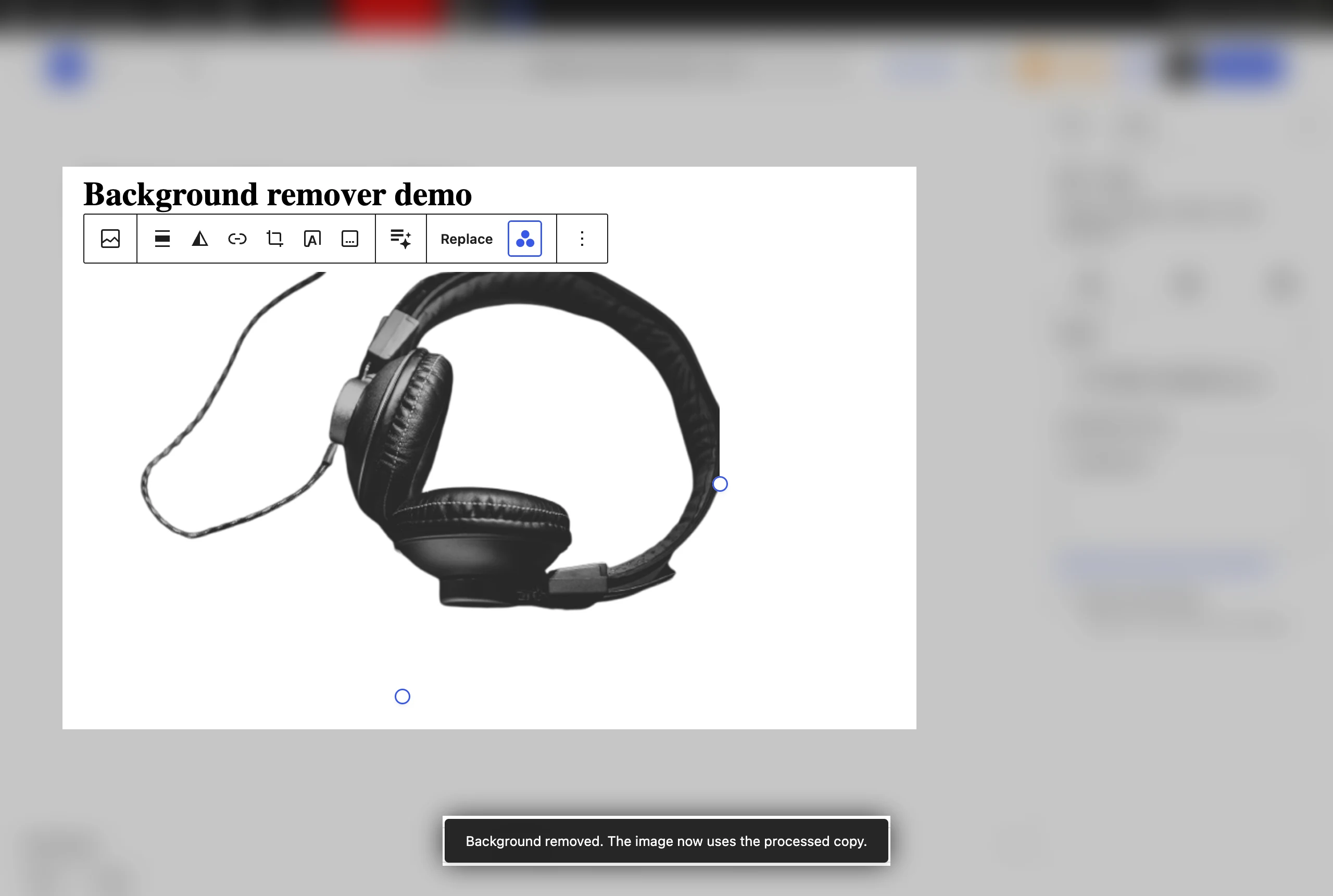 Block editor with the Remove background button in the Image block toolbar and the block showing the processed copy